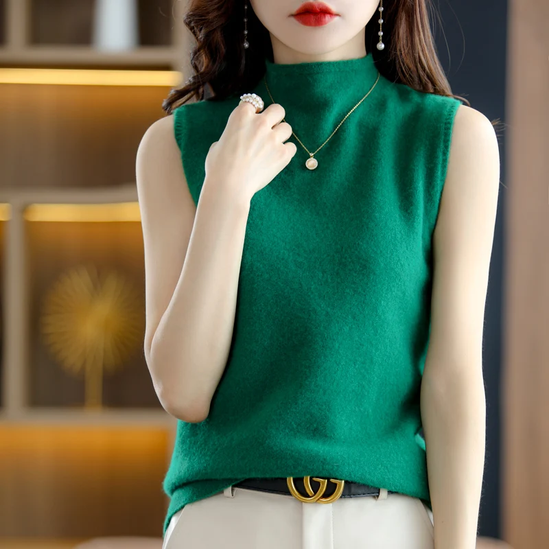 

Women's Inner Solid Color Short All-Match 100% Pure Wool Camisole Pullover Slim Fit Sleeveless Half Turtleneck Bottoming Shir