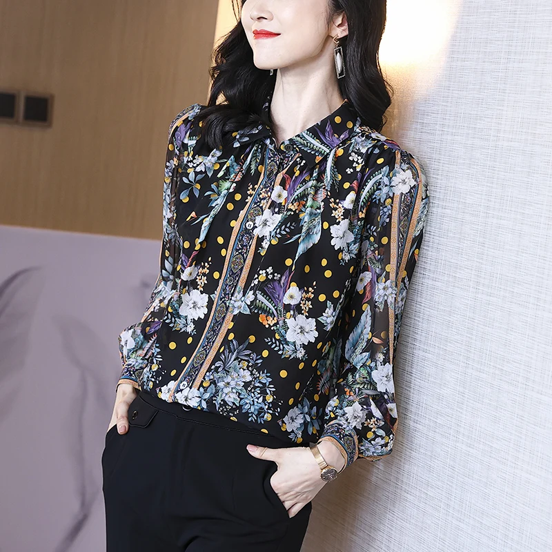 

Elegant Lady Full Sleeve Atutumn Shirts Women Long Sleeve Chiffon Floral Shirts Mother Big Size Chiffon Tops