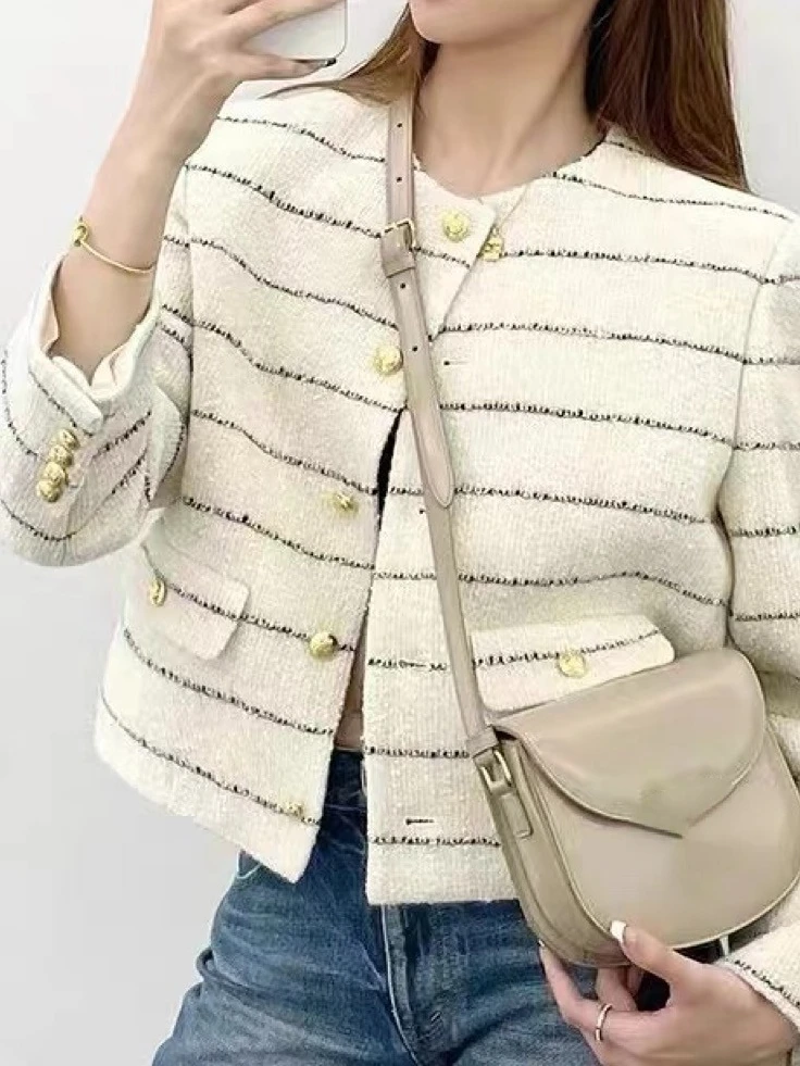 

2023 Spring Single Breasted Woolen Coat Female Short Vintage Long Sleeve Tweed Overcoat Striped Wool Jackets Women Tops Abrigos