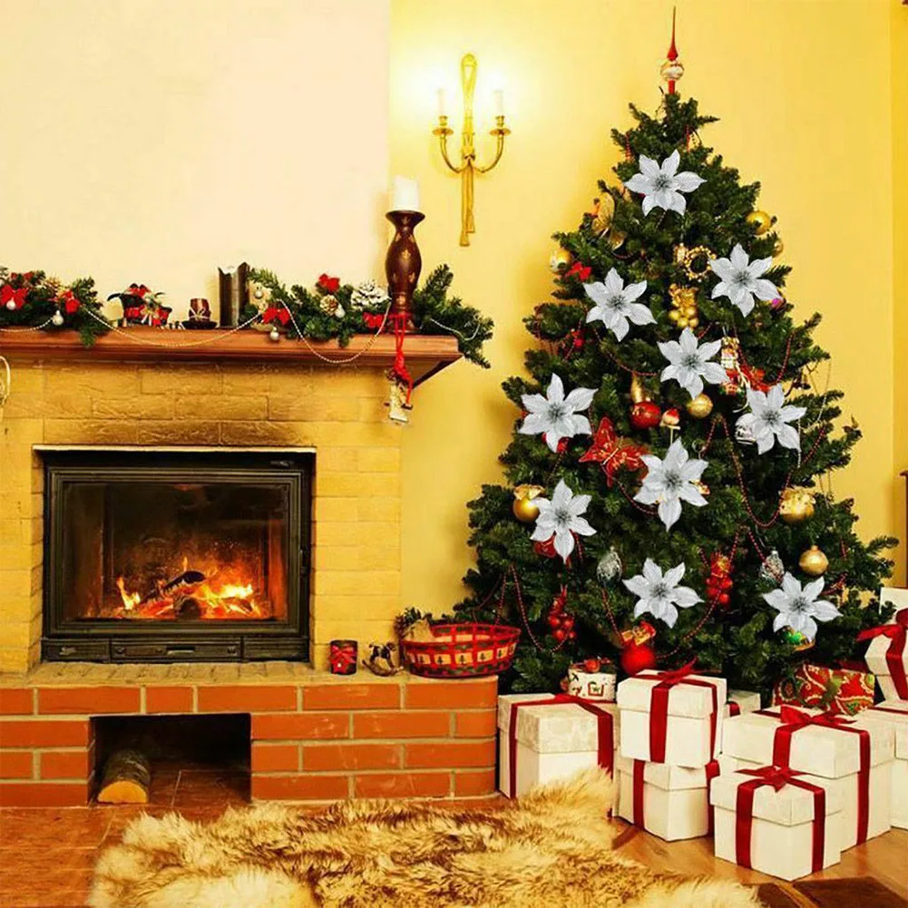 

Glitter Artificial Poinsettia Christmas Decorations Flower Xmas Tree Garlands Hanging Pendant Family Merry Party Ornament