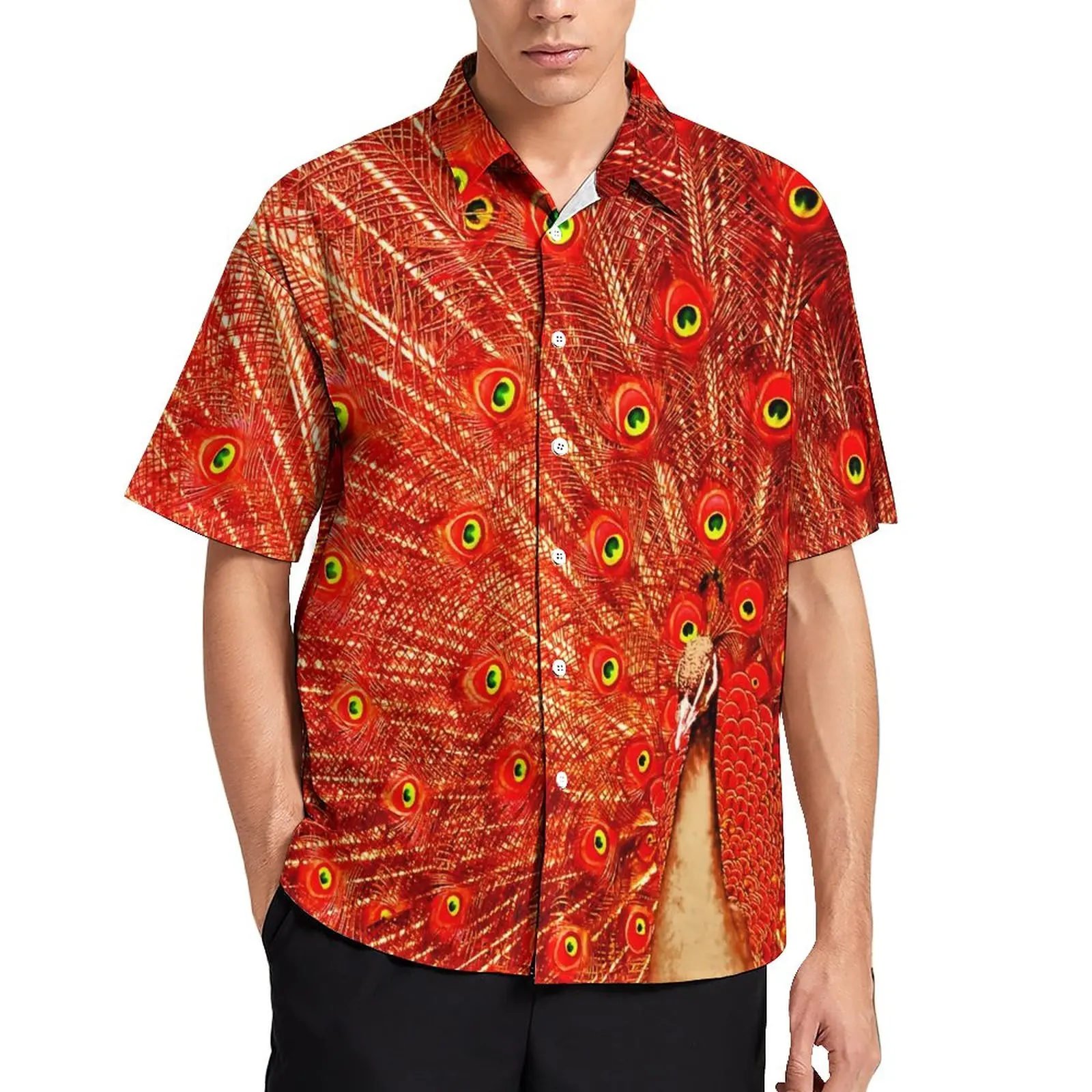 

Красная пляжная рубашка с перьями павлина, мужские повседневные рубашки с милыми животными, Гавайские рубашки с короткими рукавами, графический уличный стиль, блузки оверсайз