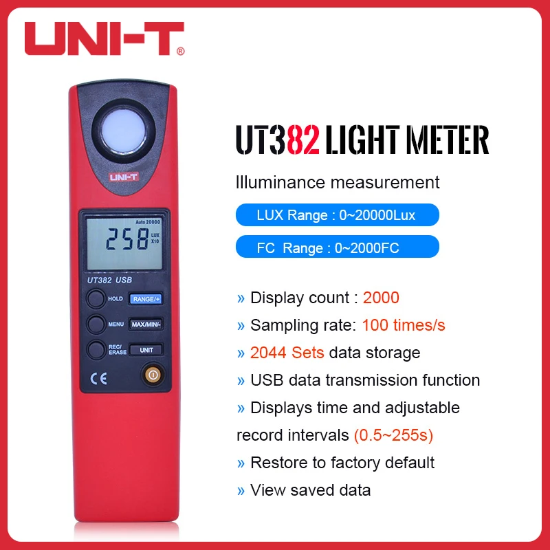 

UNI-T UT382 Luxmeter 20-20000 LUX Auto Range Data Logging USB Interface Level Meter Digital Light Illuminometers