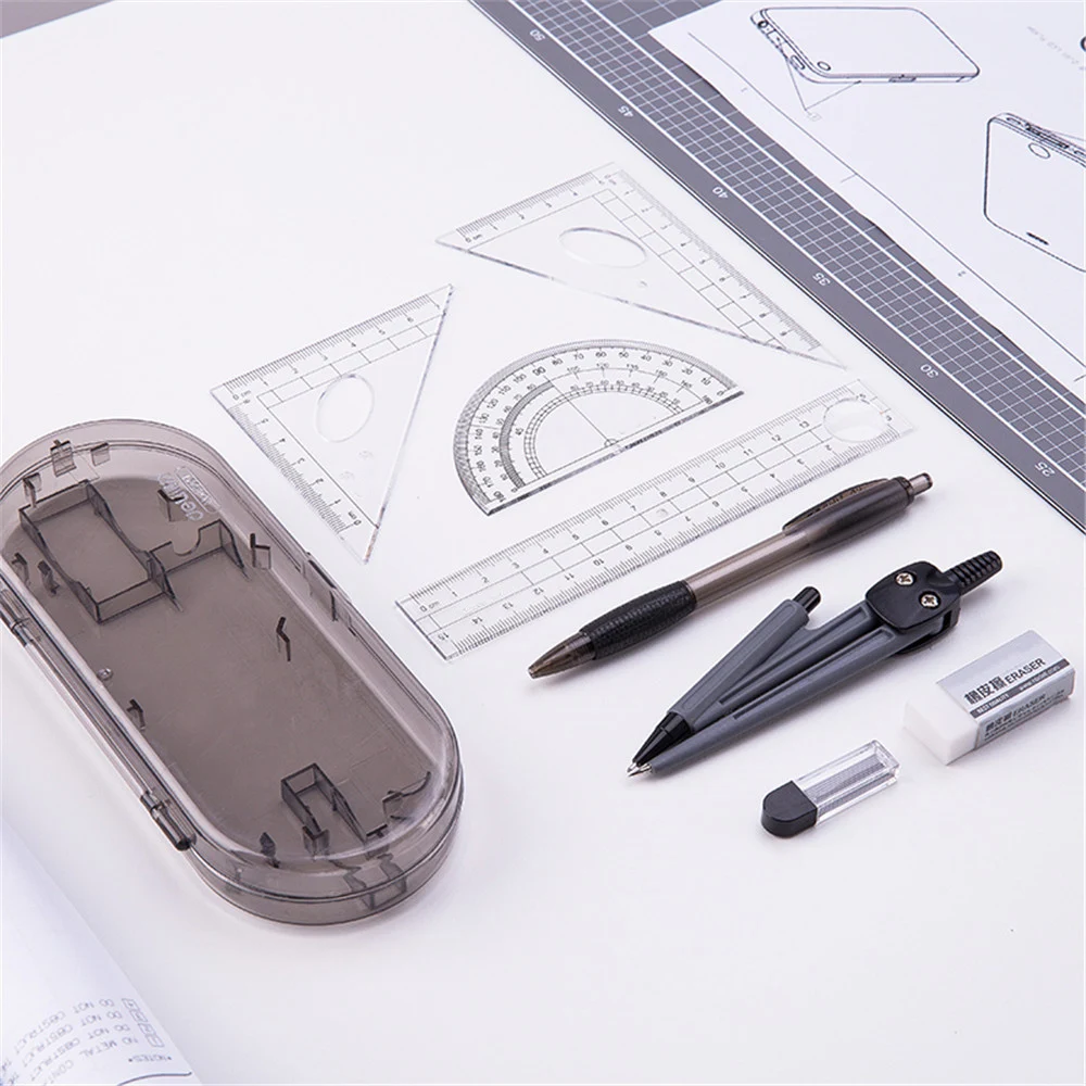 

8 шт. прямая треугольная линейка транспортир компасы набор механических карандашей канцелярские принадлежности чертежный инструмент для и...