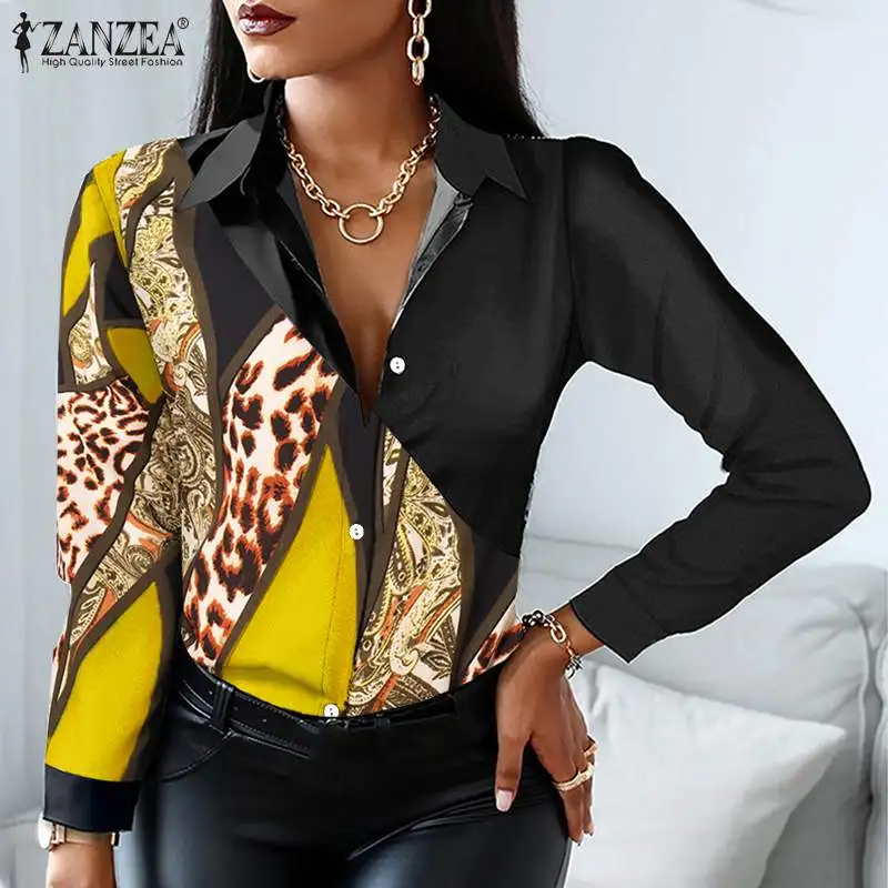 

Женская Осенняя рубашка ZANZEA, Элегантная блузка с отложным воротником и длинным рукавом, повседневные топы с принтом, туника на пуговицах, же...