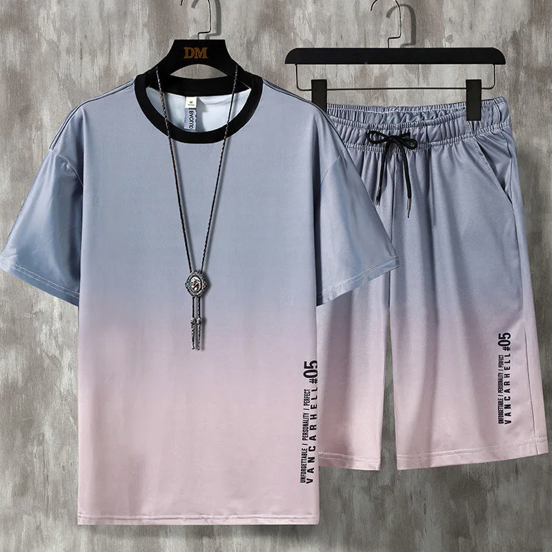 Костюм спортивный мужской из 2 предметов шелковая дышащая Футболка с принтом и