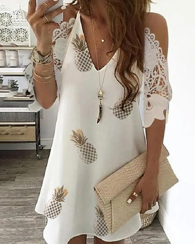 

Dresses for Women 2023 Pineapple Print Cold Shoulder Lace Mini A Line Dress New Fashion 2023 Summer Casual Female Vestidos