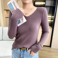 2022 autumn and winter cashmere sweater v neck pullover womens solid color casual long sleeved loose sweater