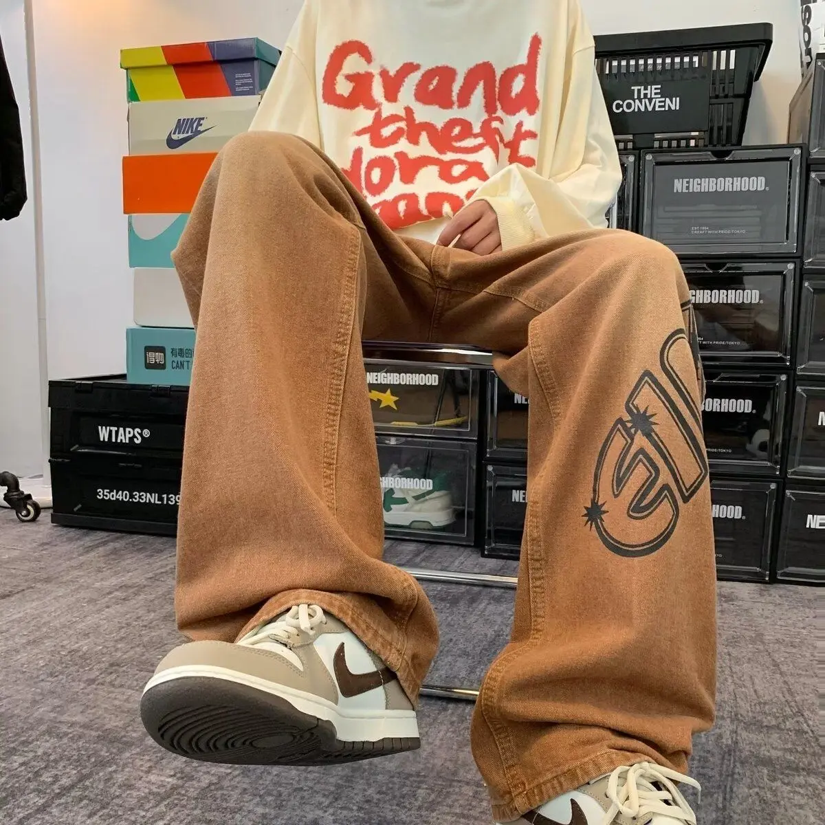 Джинсы мужские в стиле ретро классические брюки из денима прямые штаны с принтом