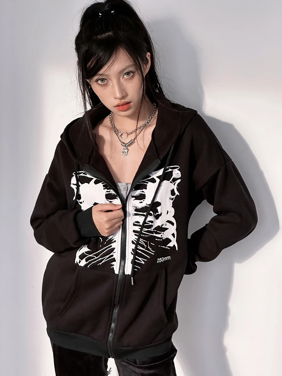 

CHQCDarlys Женская куртка с капюшоном с рисунком черепа и паука на Хэллоуин осеннее пальто с длинным рукавом свитшоты на молнии с капюшоном