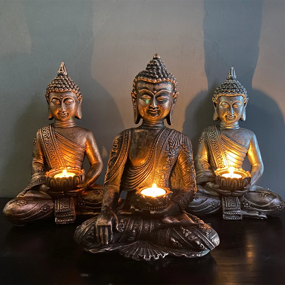 

Zen Buddha Sculpture Resin Candlestick Art Statue Home Patio Courtyard Ornament Vintage Home Decoration Accessories Office Craft