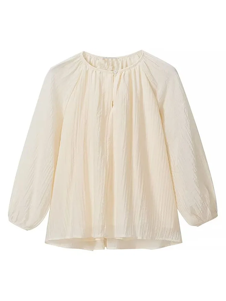 

Женская плиссированная блузка BM & MD & ZA, винтажная блузка с круглым вырезом и длинным рукавом, украшенная пуговицами, шикарные топы, 2022