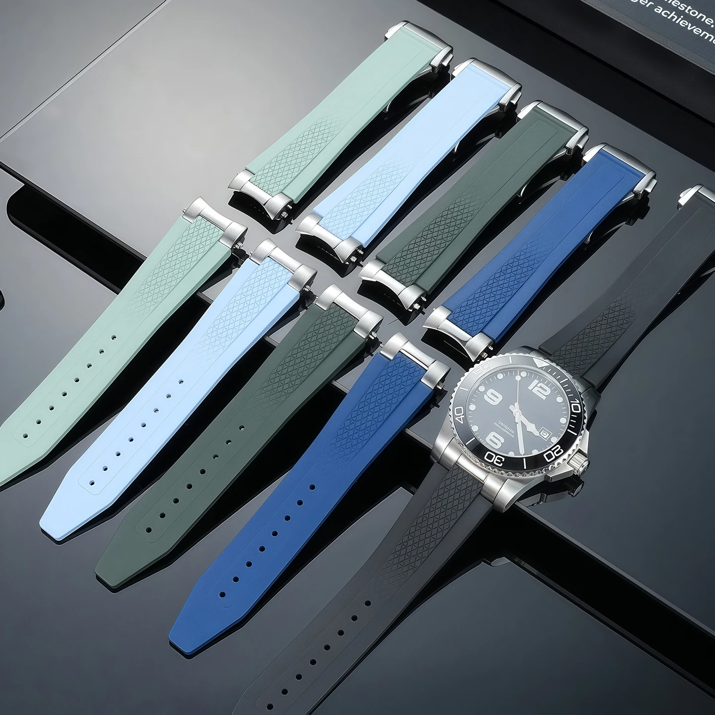 Фото Высококачественный ремешок для часов из фторкаучука 21 мм для Longines Hydroconquest L3 Conquest, спортивный ремешок для часов для дайвинга + металлический интерфейс №1