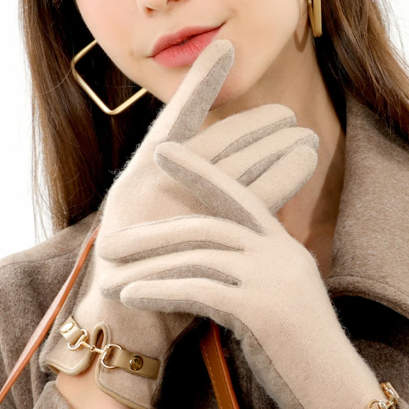 

1Pair Winter Cashmere Ladies Gloves Warmth Fashion Rabbit Fur Edging Thickened Gloves Cashmere Tie-dye KeepWarm Monochrome Glove