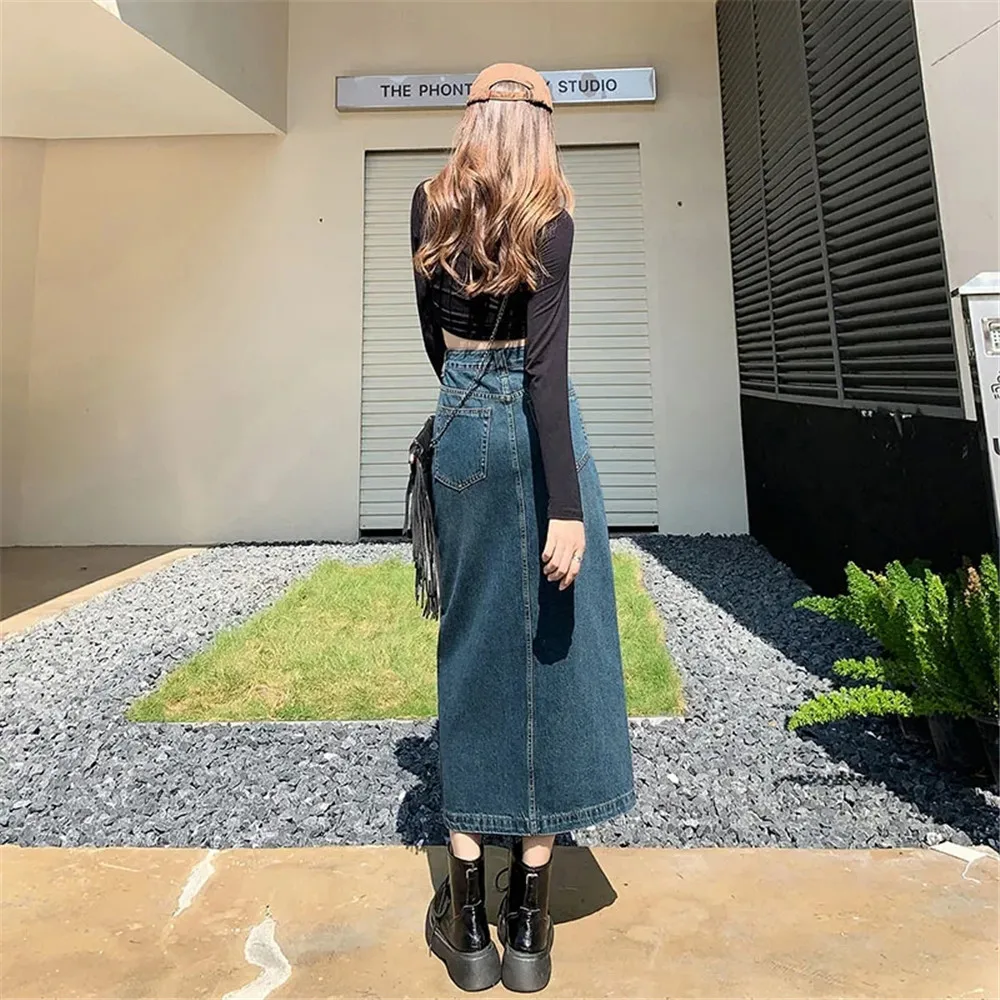 Y2k Summer Women'S Denim Wrap Skirts 2023 New Vintage Front Split High Wasit Long Jeans Skirts Female Straight Pencil Skirts images - 6