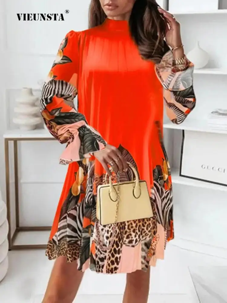 

Винтажное свободное Плиссированное мини-платье с круглым вырезом, элегантные деловые женские платья 2022, новое осеннее женское платье с рас...