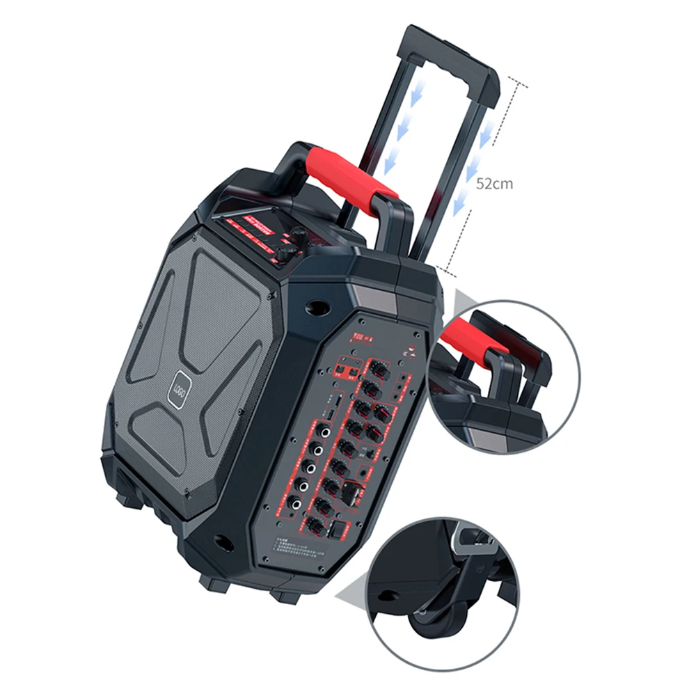 Фото Портативная Bluetooth-колонка для караоке 120 Вт с двумя беспроводными микрофонами, Hi-Fi звук для домашнего кинотеатра, портативная колонка на колесиках для компьютера №2
