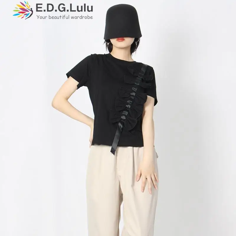 

EDGLuLu Fashion O-neck Patchwork Single Row Bow Short Sleeve Black Tops Women 2022 Leisure Women's Shirts Female Tops Blusas0618