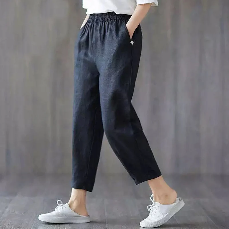 

2022 New Cotton Linen Pants Women Spring Summer Solid Color Harem Pants Woman Elastic Waist Loose Casual Trousers Ladies