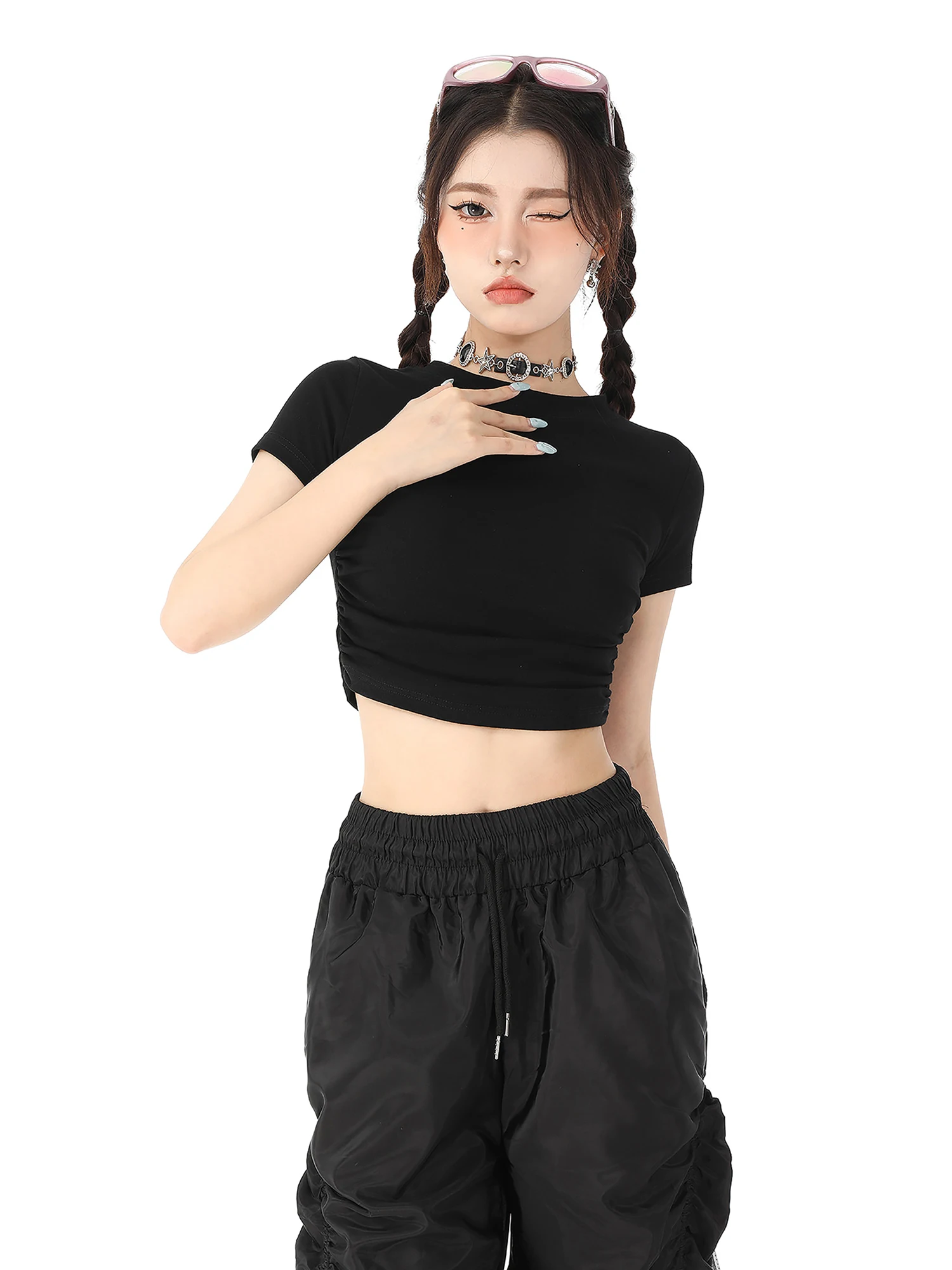 Белая футболка с короткими рукавами и плечами женская летняя одежда Dopamine сладкий