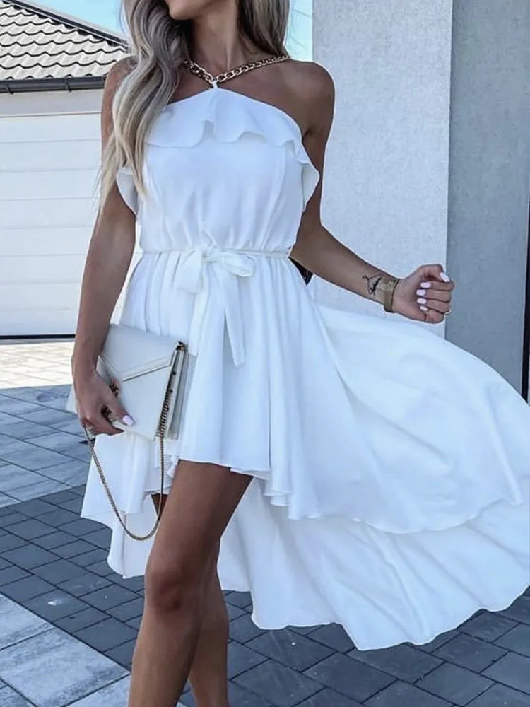 

Женское асимметривечерние платье с открытыми плечами, элегантное однотонное платье-трапеция с открытыми плечами и завязкой на шее, модные ...