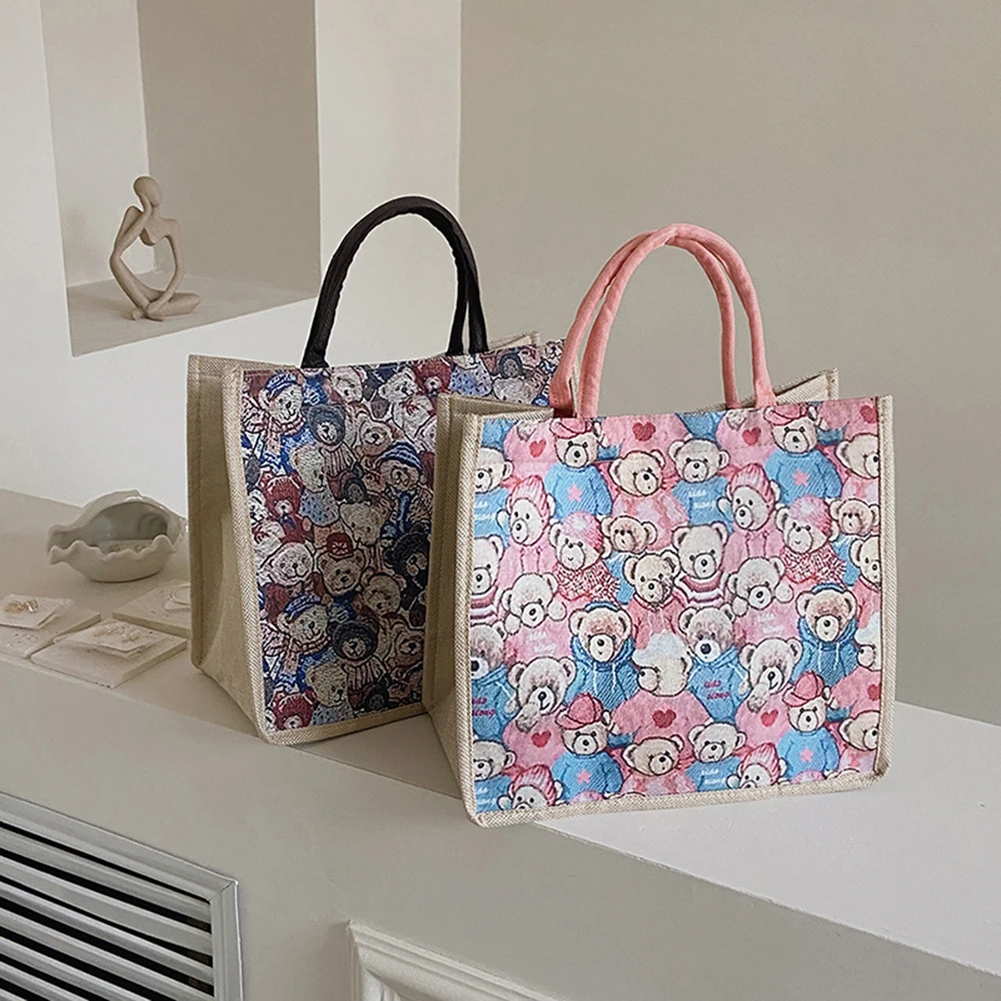 

Female Leisure Cute Cartoon Bear Handbag Women Cotton Linen Tote Multifunctional Large Capacity Storage Handle Bags