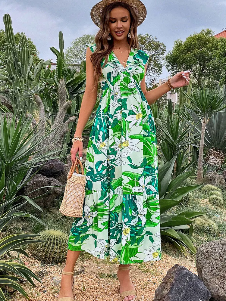 

Женское пляжное платье-макси без рукавов, повседневное зеленое платье с широким подолом и принтом, лето 2022, модные элегантные платья в стиле...