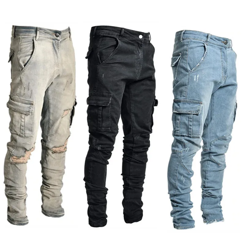 New Men's Jeans Side Pockets Slim Fit Casual Streetwear Men's Jeans Full Length Pencil Pants Denim Trousers