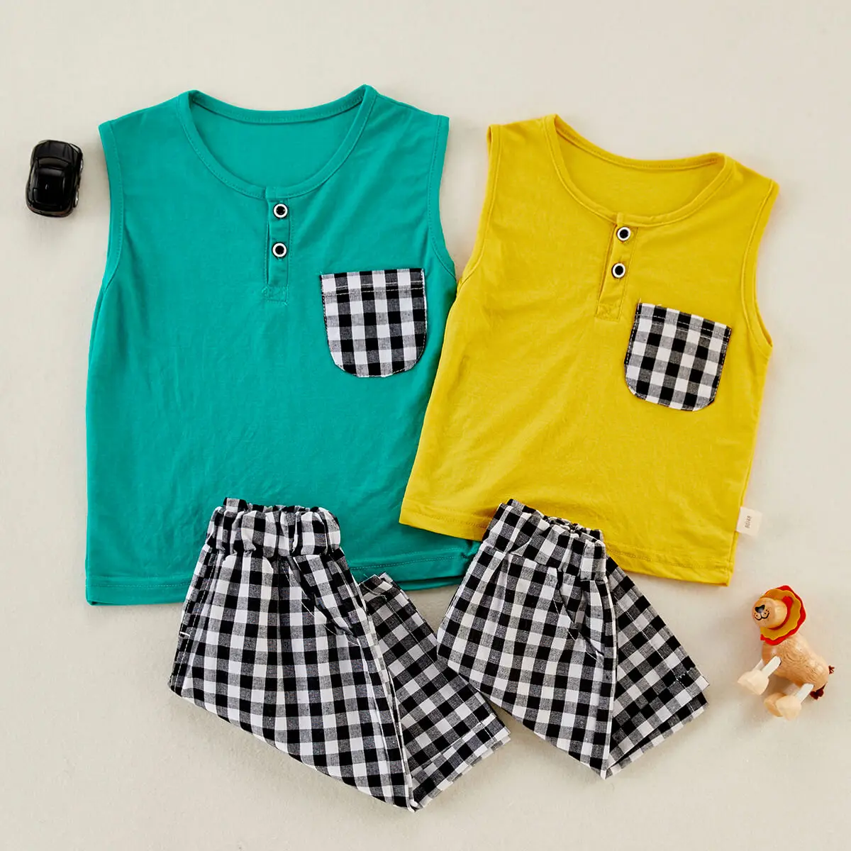 

Hibobi Boys Sets Children Set Summer Boy Shorts Clothes Plaid Pocket Vest And Pants For Kids Baby Cotton Suit Boy Clothes