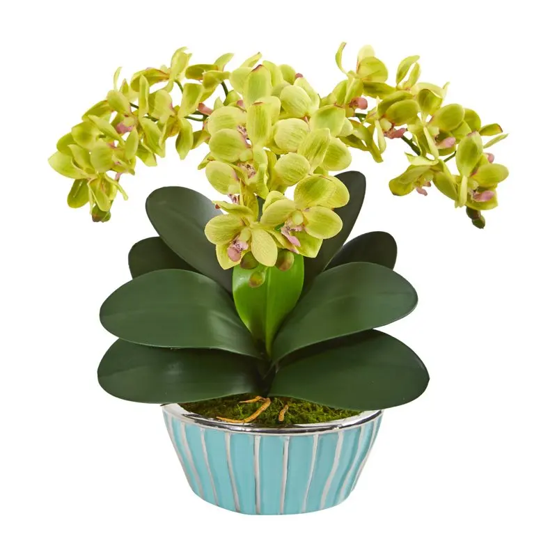 

Beautiful Turquoise Designer Vase with Stunning Orange Artificial Orchid Flower Arrangement - Perfect Home Decor Gift.