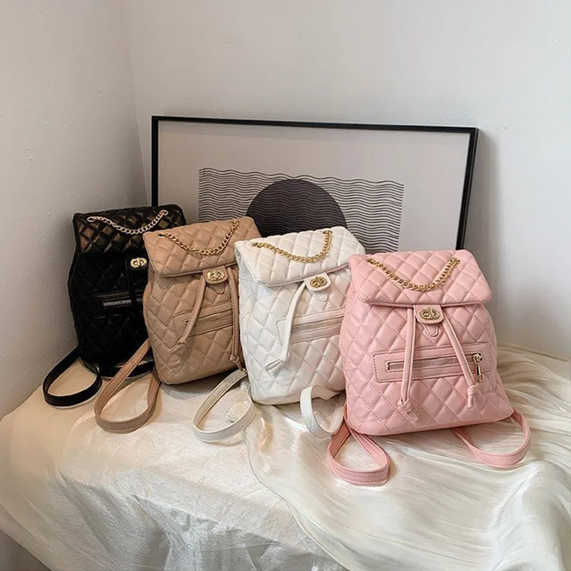 

Women's Backpack New Fashion Rhombus Small Backpack High Quality Leather Simple Women's School Bag
