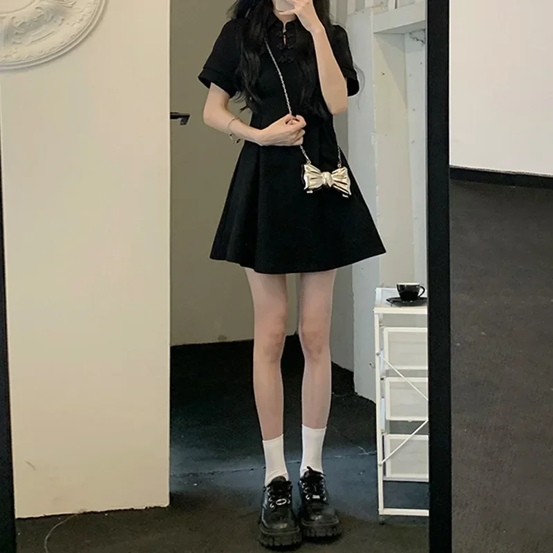 High-end Feeling A- line Black Dress New 2023 Style Chinese Polo Collar Women's Autumn/winter Fashion