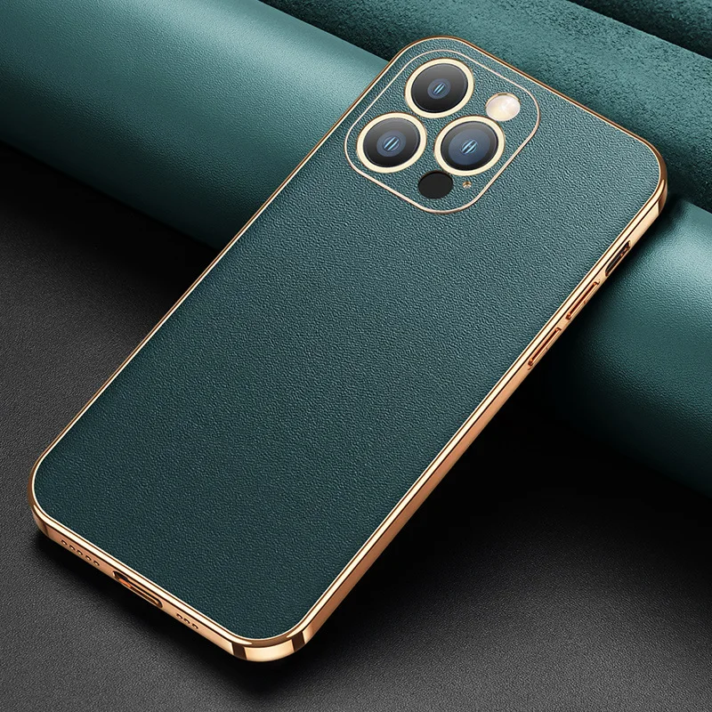 Luxury Metal Frame + Leather Back Cover For Iphone 13 Pro Max Business Pocket Thin Luxury Lens Fall Protection Case