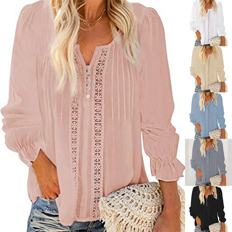 

Women's V Neck Long Sleeve Lace Crochet Tunic Tops Flowy Casual Hollow Out Blouses Shirts