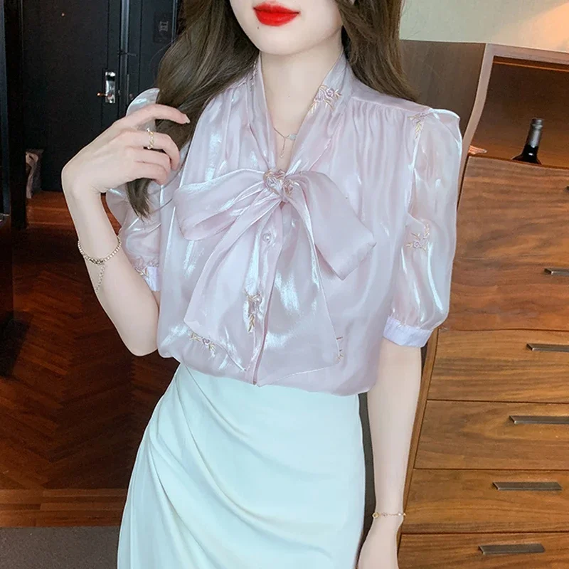 Новая женская рубашка с воротником-бантом модные женские топы коротким рукавом