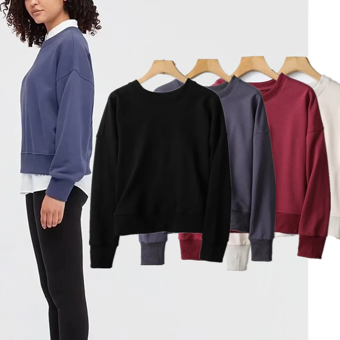 

Maxdutti 2023 England Style Fashion Streetwear O-neck Loose Cotton Terry Solid Short Pullovers Sweatshirts Women Tops