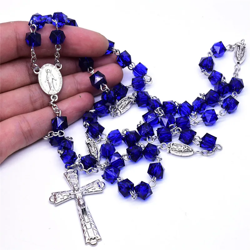 Католические Четки квадратные синие стеклянные бусины ожерелье Дева Мария Иисус