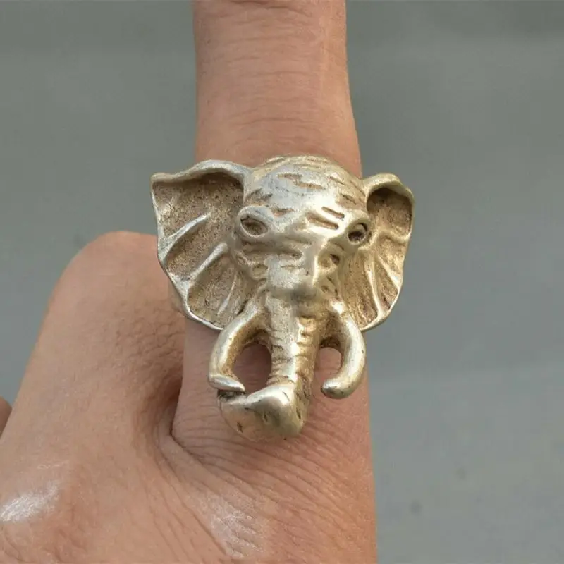 

1.2 Old Chinese Tibetan Silver Crafted Carved Exquisite Elephant Head Hand Ring Rings