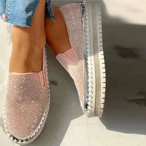 Women Autumn Sequined Round Toe Flats Sneakers Luxury Glitter Crystal Slip On Loafers Platformvulcanized Shoes Sewing Lazy Shoes