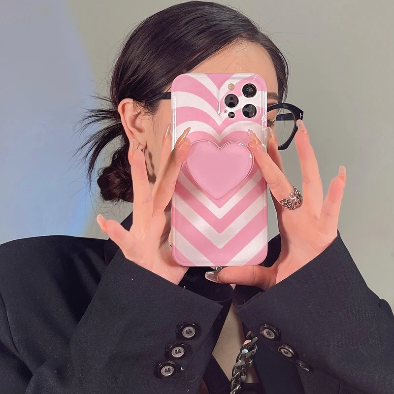

Pink Lattice Love Heart Holder Stand Phone Case For iPhone 11 12 13 Pro Xs Max X X 7 8 Plus Case Shockproof Soft Back Cover