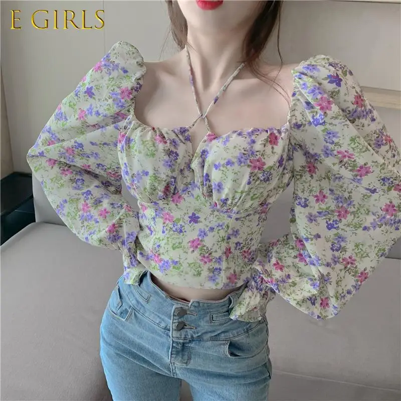 

E GIRLS Blouses Women Floral Retro Sweet Crop Top Chiffon Soft Summer Elegant College Slim Stylish Holiday Leisure All-match New