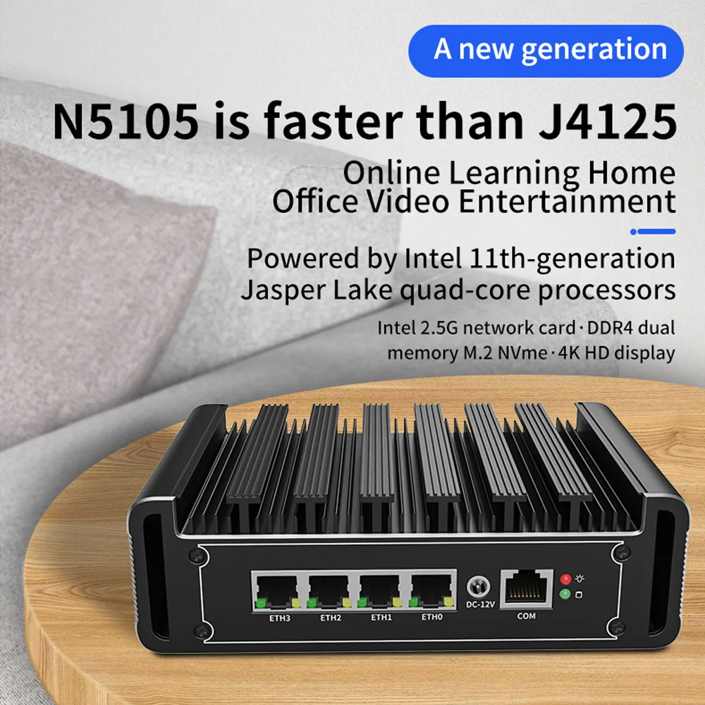 Soft Router Intel i225/i226 2.5G N5105 Fanless Mini PC 2xDDR4 NVMe 4xLAN VGA pfSense OPNsense Firewall VPN Server |