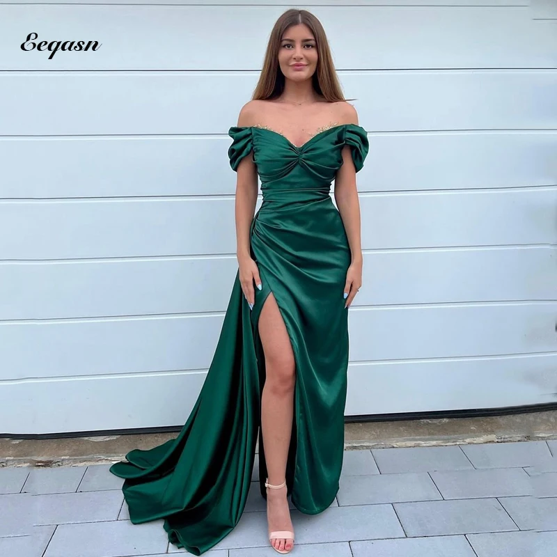 

Сексуальные Зеленые Вечерние платья 2023 с открытыми плечами и V-образным вырезом, Саудовская Аравия, Дубай, шелковые атласные женские официальные платья для выпускного вечера, вечернее платье