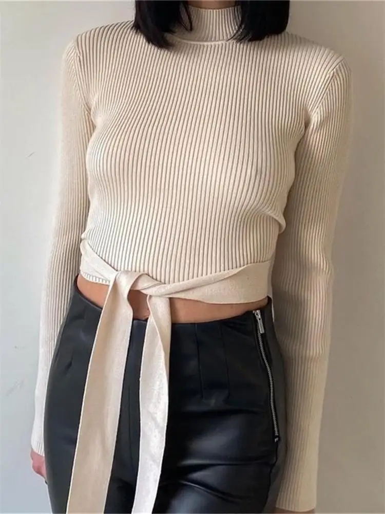 

TRAF Ｗomen High Neck Sexy Short Sweater 2021 Fashion Split Design Halter Belt Decoration Long Sleeve Sweater Streetwear