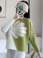 miyake women pleated t shirt print embroidered flares full sleeve elegant pullover tops casual style 2022 autumn fashion y2k