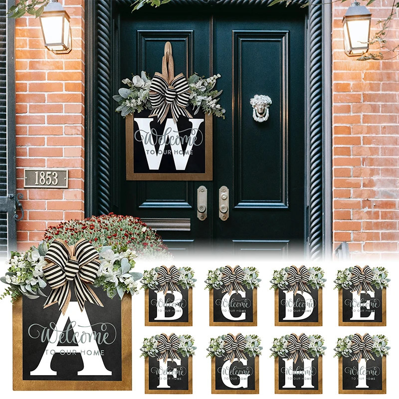 

Last Name Front Door Wreath With Bow Welcome Sign Home Wooden Hanging Decoration 26 Letter Wreath Porch Hanging Plaques Ornament