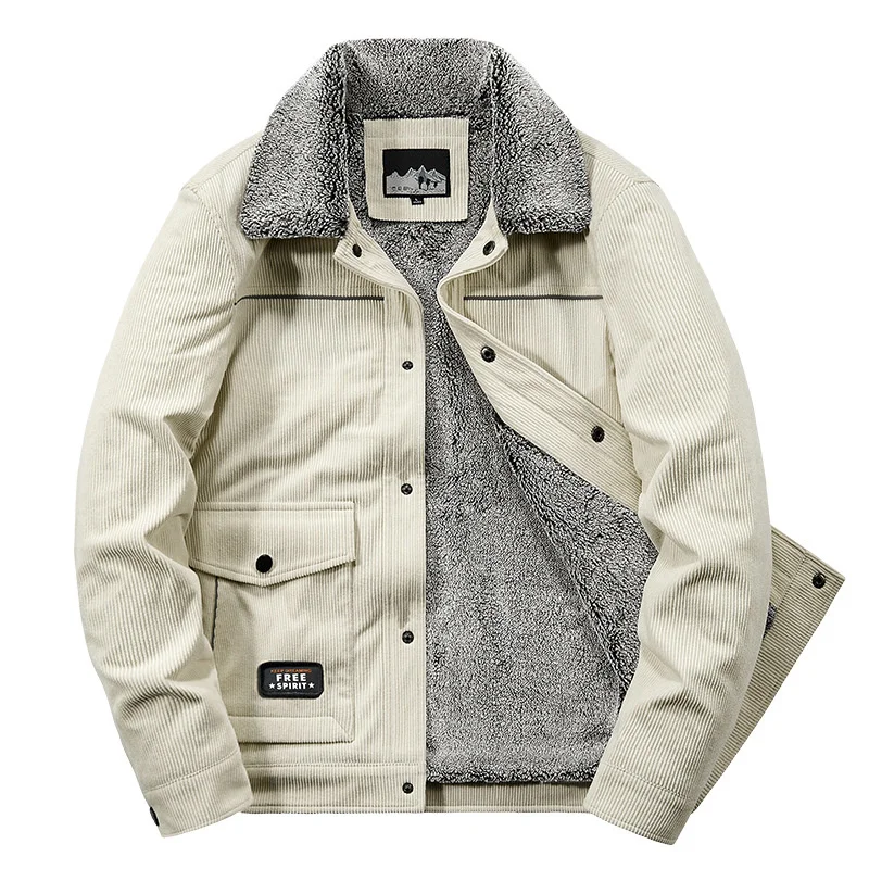 2022 New Autumn Winter Corduroy Jacket Men Outdoor Casual Lapel Fur Collar Fleece Thick Windbreaker Coat Men Warm Outerwear