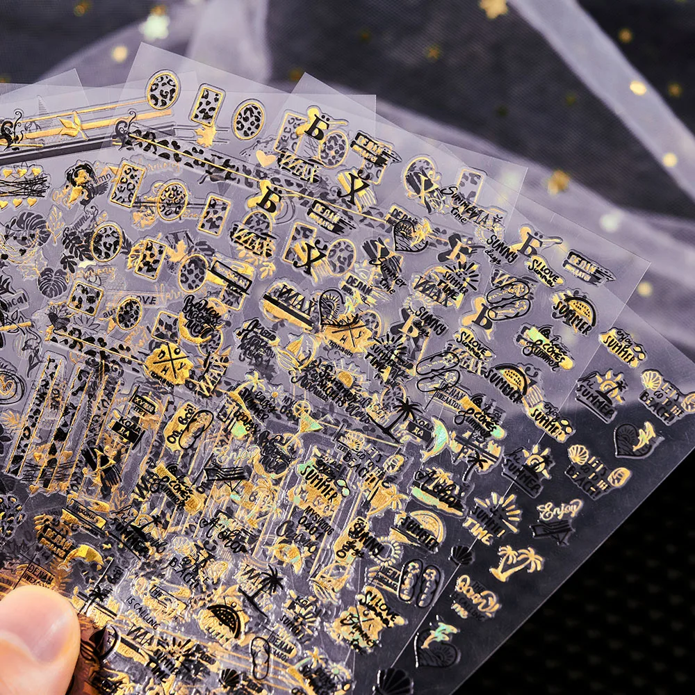 

10pcs/Set Laser Gold Geometry Lines Letter Nail Stickers Autumn Fall Leaf Decals 3D Holographic Sliders Nail Art Decoration &Q1