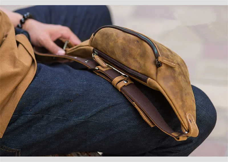 Retro first layer Crazy Horse cowhide zipper men's chest bag casual natural real leather multifunctional fashion phone waist bag