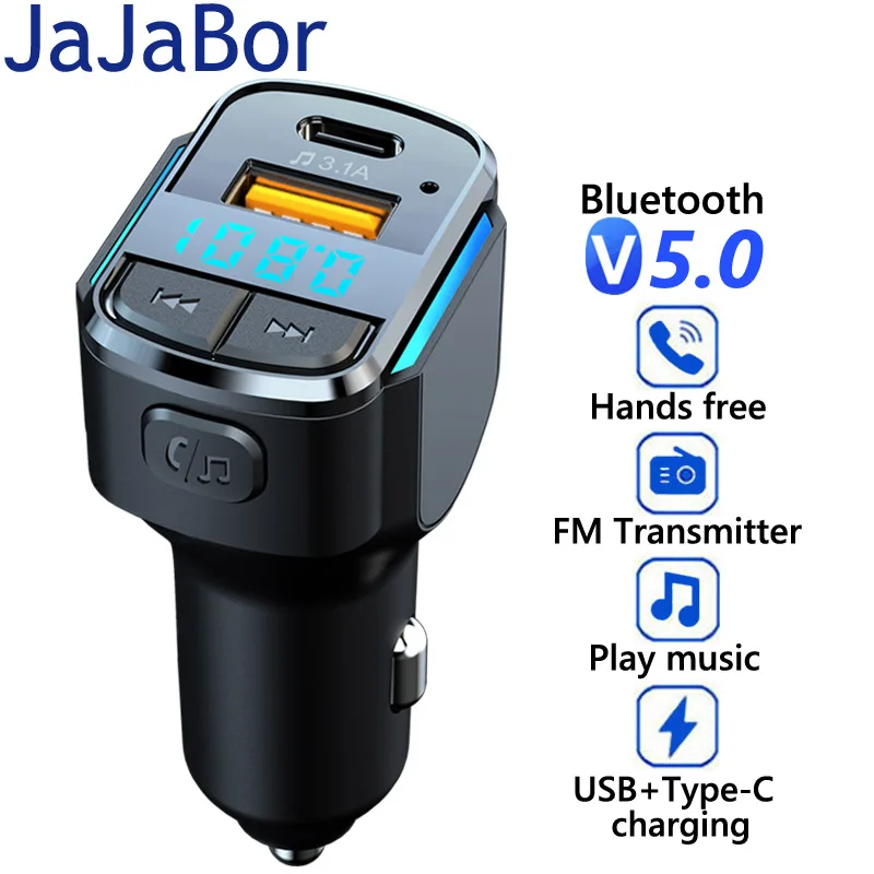 

JaJaBor FM передатчик синий светильник беспроводной Bluetooth 5,0 Handsfree аудио приемник USB Type C Быстрая зарядка U диск автомобильный mp3-плеер