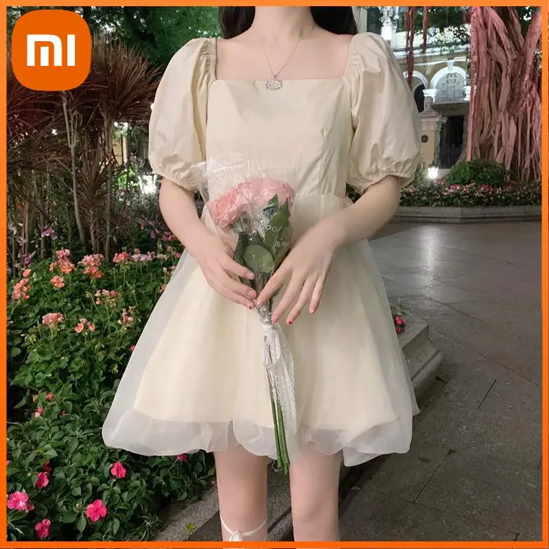 

Xiaomi Japanese Sweet Gothic Dress Women Black Sexy Backless Mini Dress French Patchwork Puff Sleeve Kawaii Fairy Princess Dress